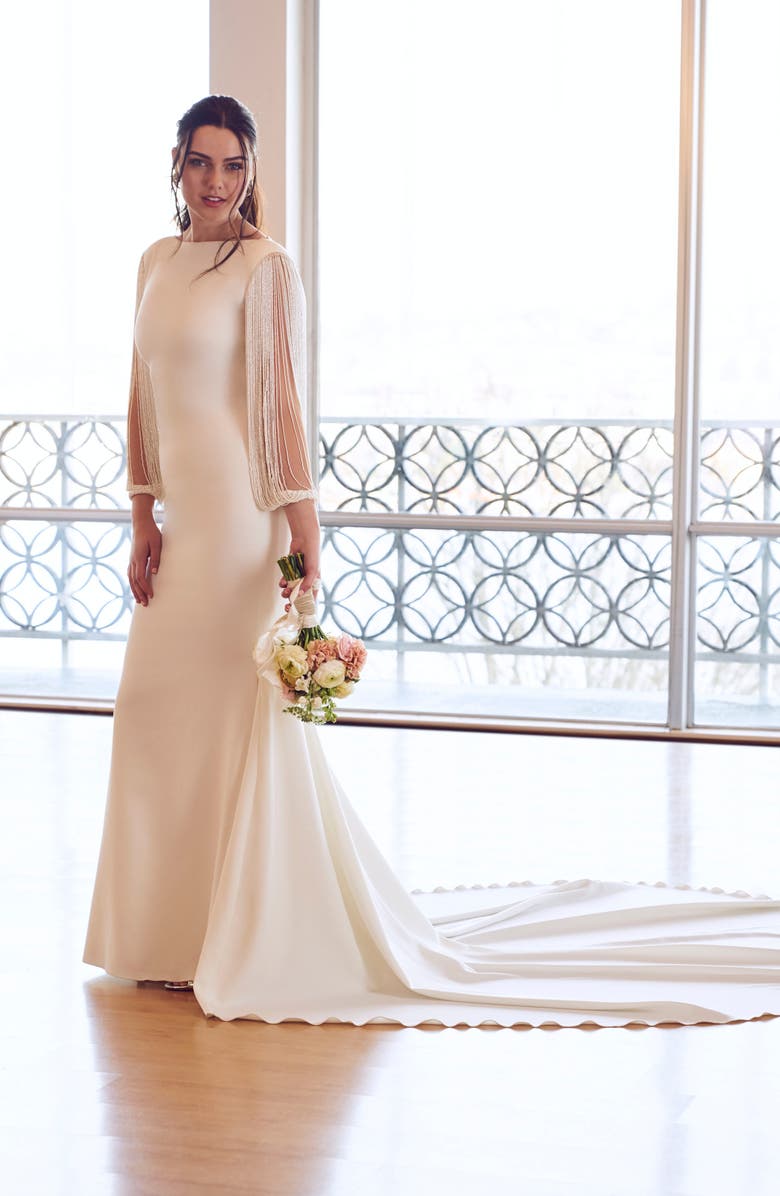 Atelier Pronovias Relato Beaded Long Sleeve Mermaid Gown, Alternate, color, 