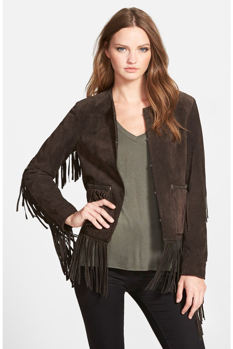 Suede Fringe Jacket, Main, color, DARK BROWN
