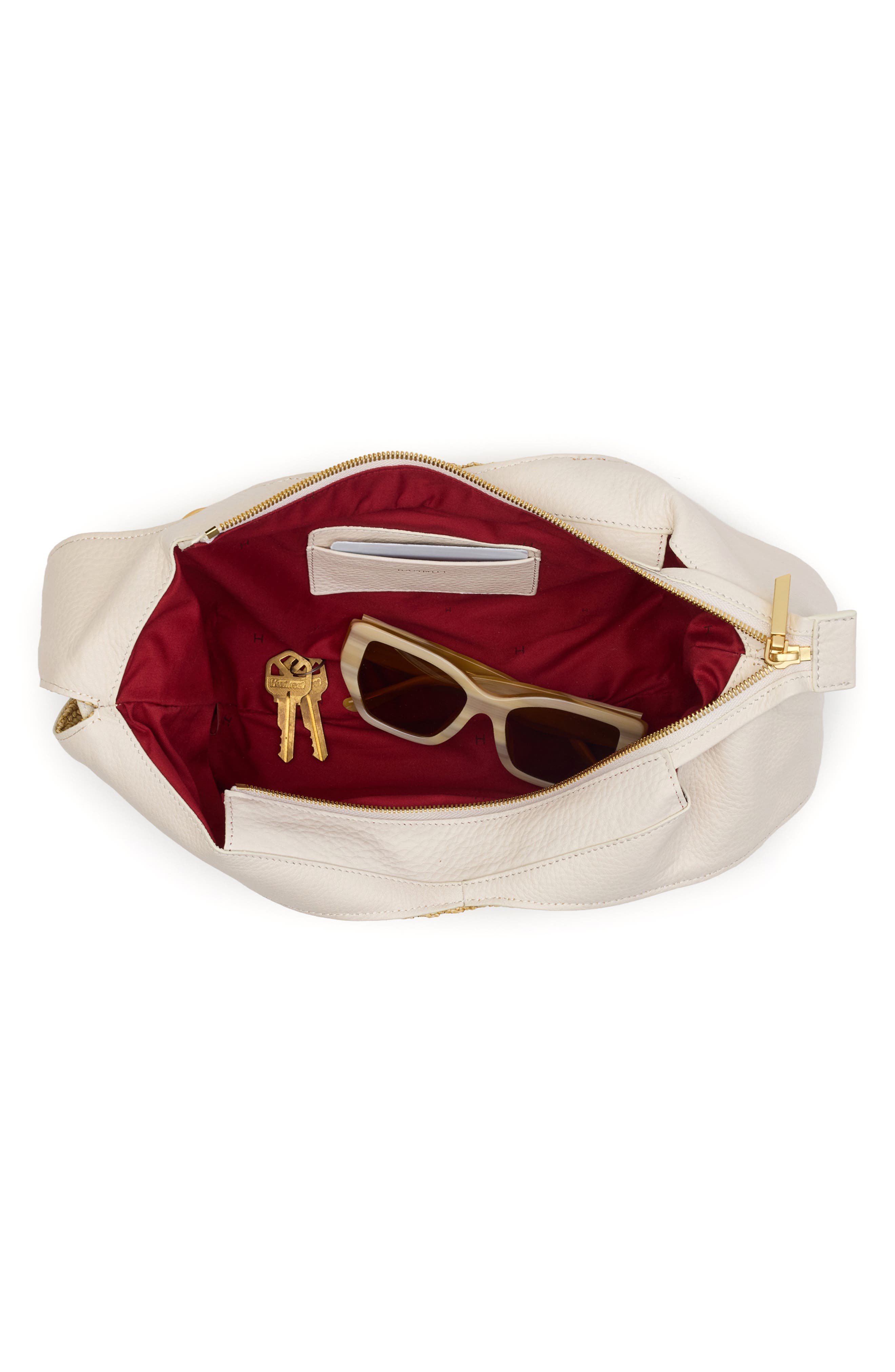 HAMMITT Tom Zip Medium Hobo Bag, Alternate, color, Calla Lily White Raffia/ Gold