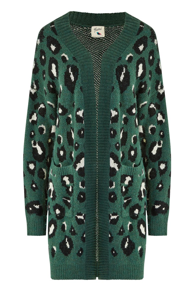 Animal Intarsia Knit Long Cardigan, Alternate, color, Green