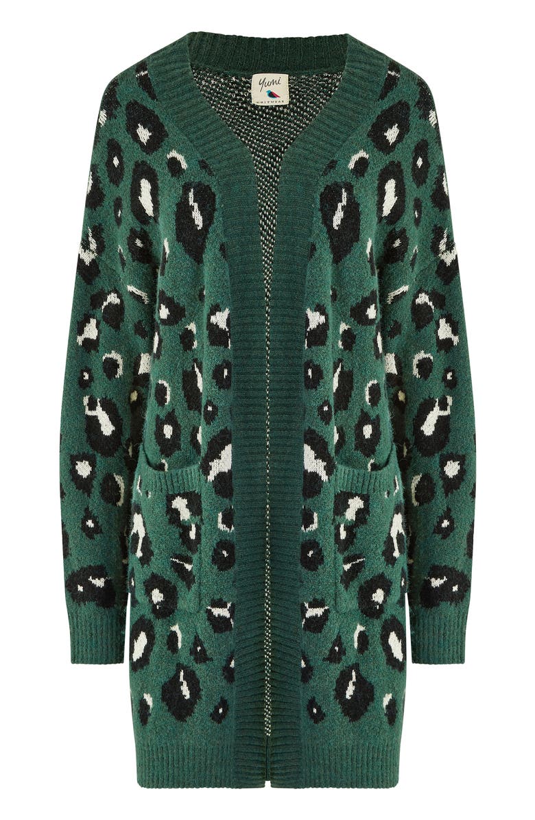 Yumi Animal Intarsia Knit Long Cardigan, Alternate, color, Green