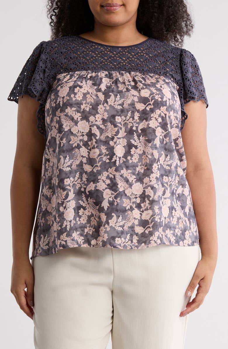 DR2 by Daniel Rainn Embroidered Eyelet Yoke Babydoll Top, Main, color, Navy