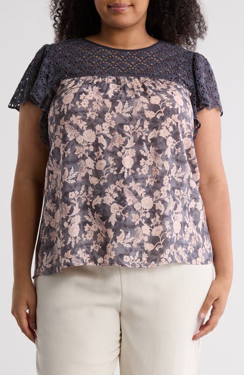 Embroidered Eyelet Yoke Babydoll Top (Plus)
