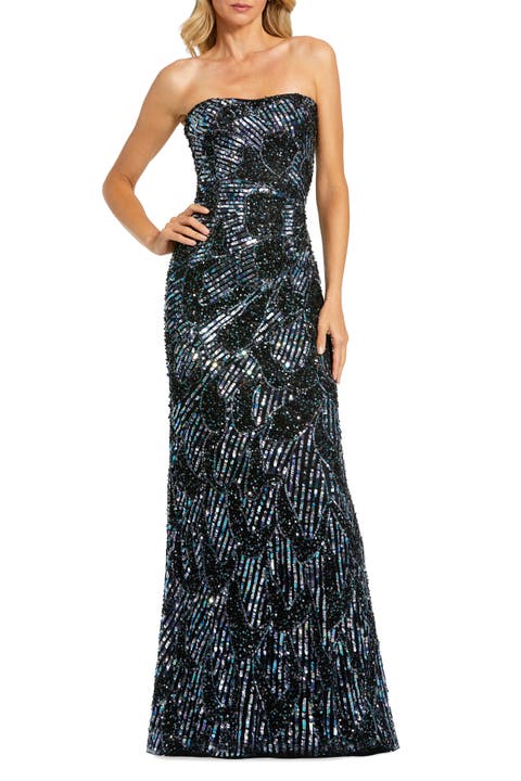 Strapless Embellished Abstract Column Gown