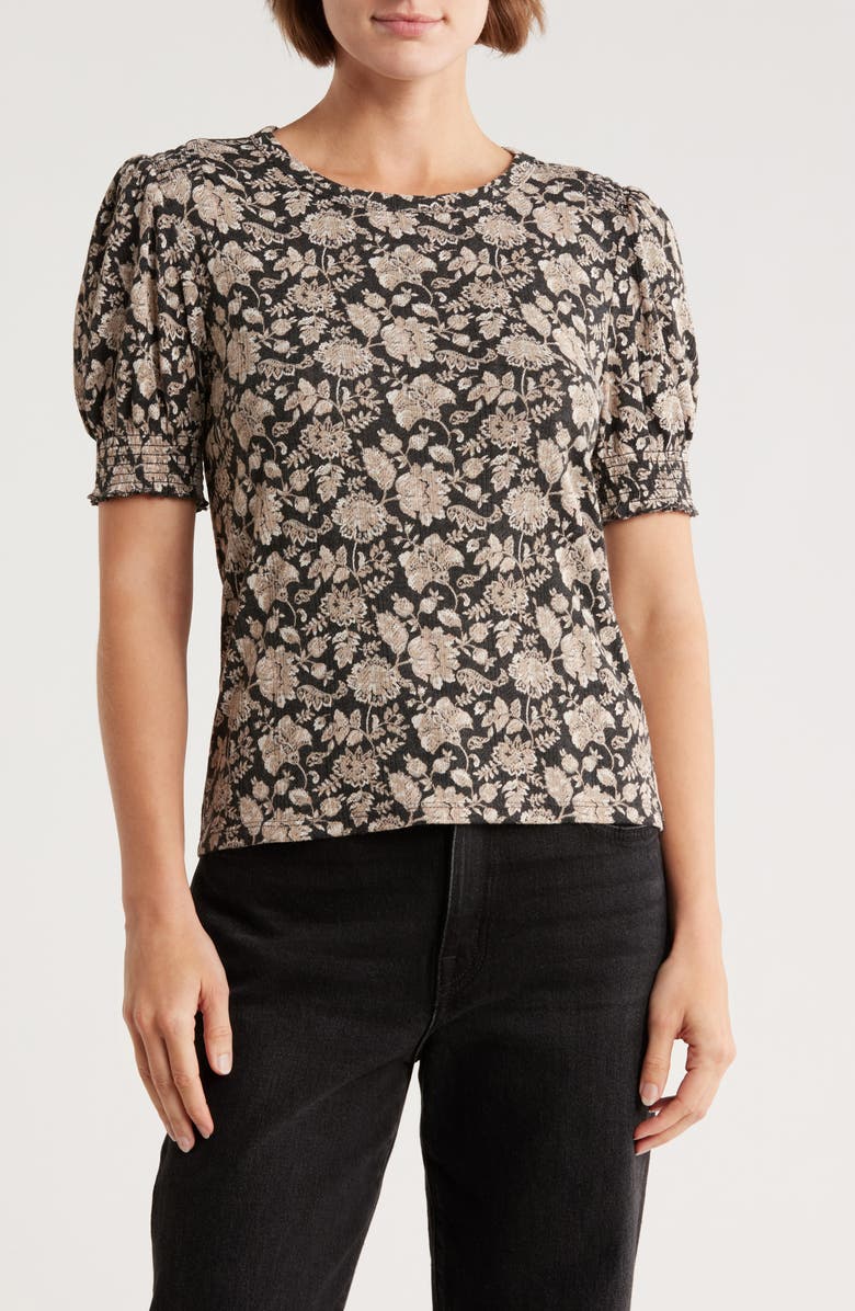Lucky Brand Smocked Shoulder Pointelle Knit Top, Main, color, Black Floral