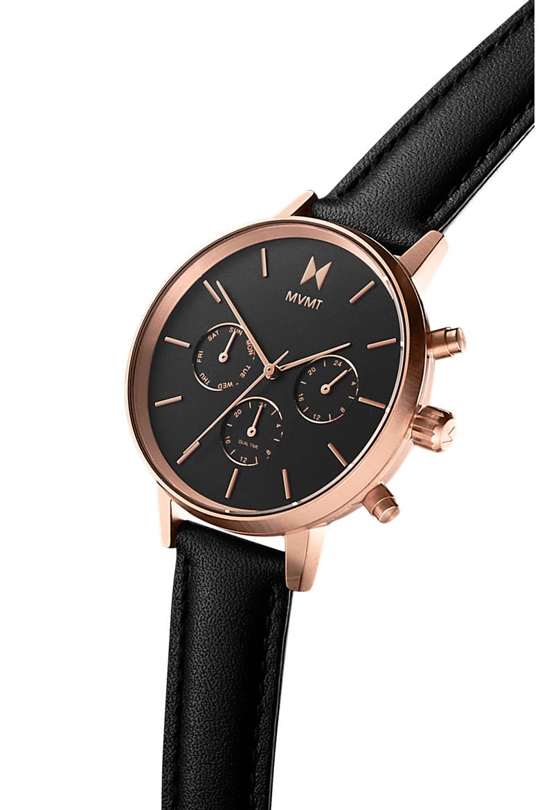 MVMT Nova Chronograph Leather Strap Watch, 38mm, Alternate, color, BLACK/ ROSE GOLD