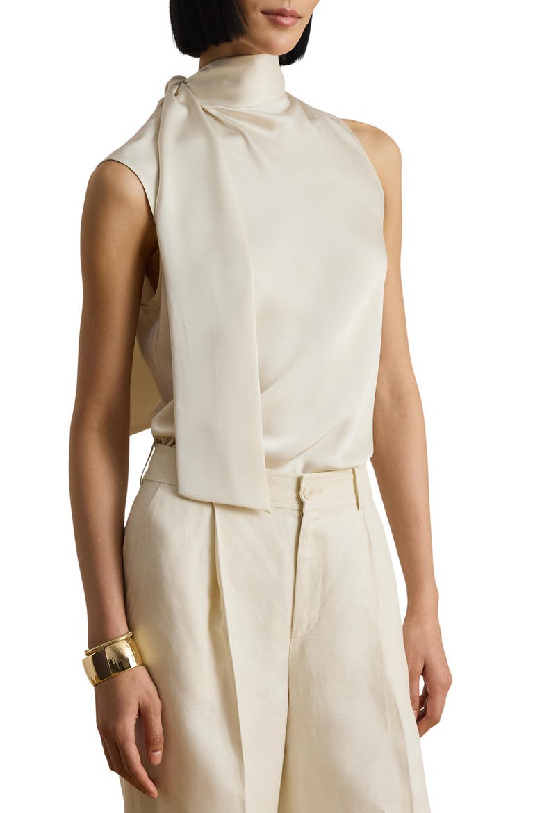 Tie Neck Charmeuse Sleeveless Top, Main, color, MASCARPONE CREAM
