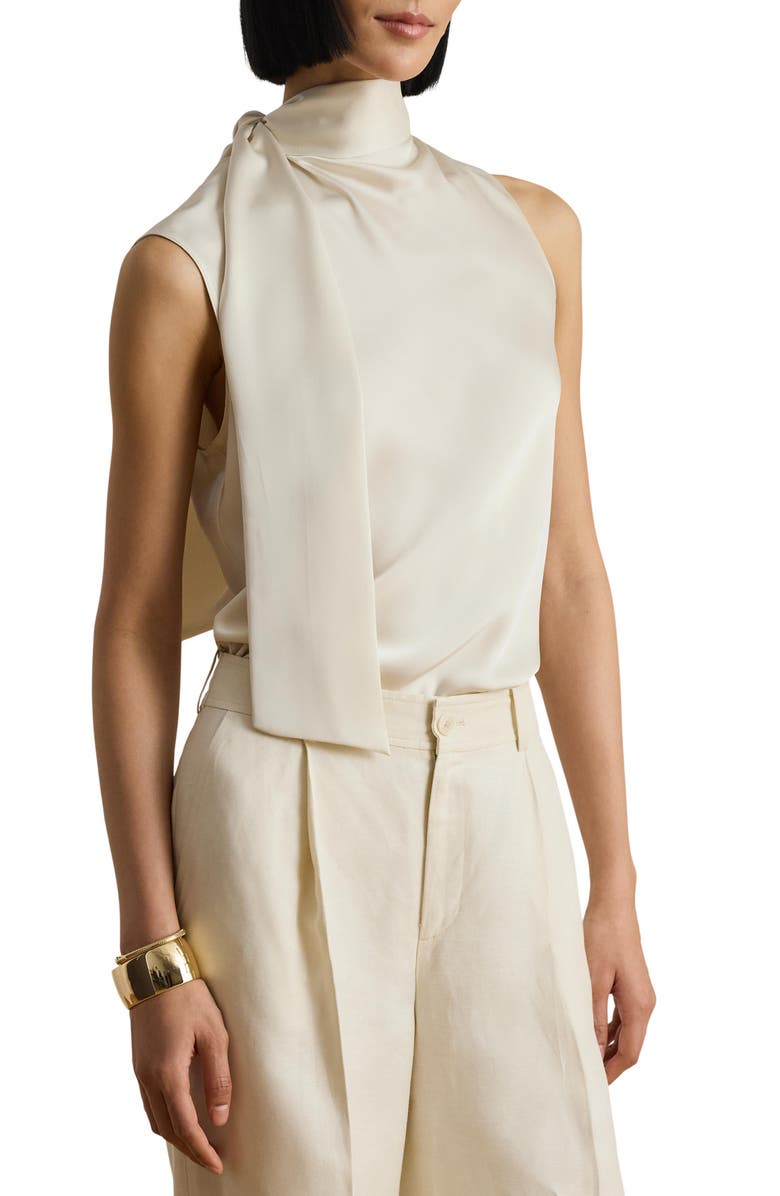 Lauren Ralph Lauren Tie Neck Charmeuse Sleeveless Top, Main, color, Mascarpone Cream