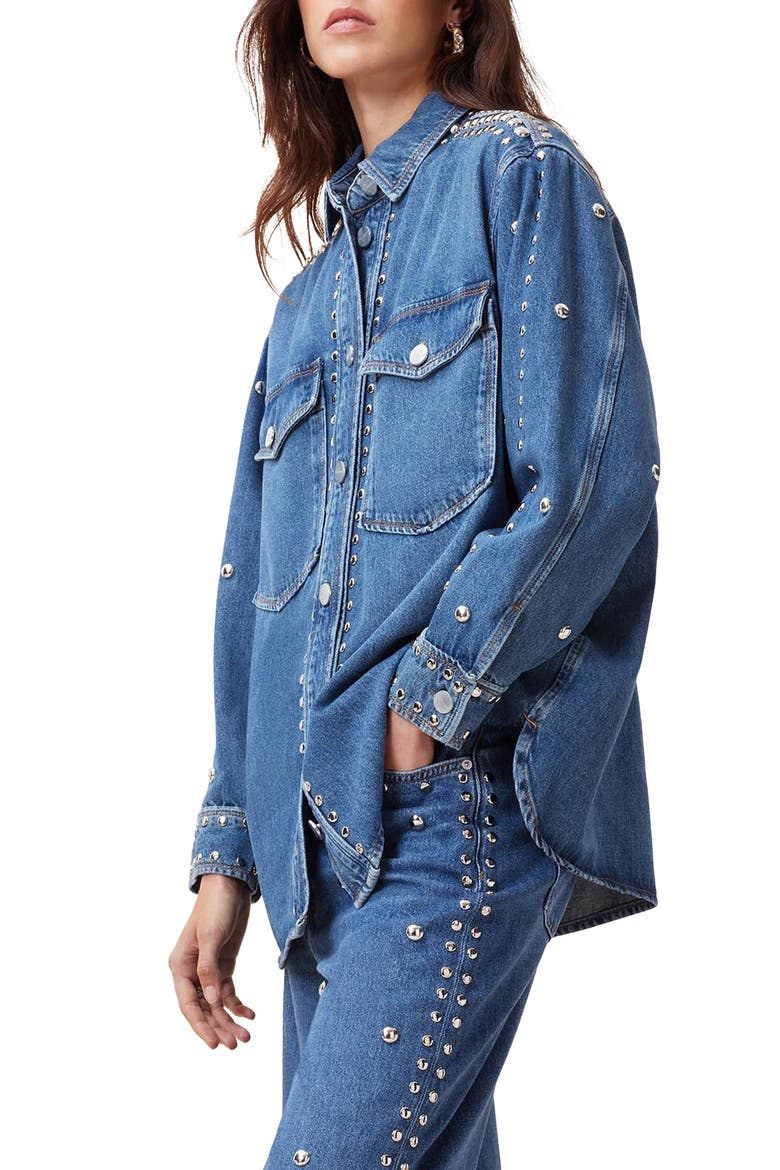Alba Stud Detail Denim Button-Up Shirt, Alternate, color, MID INDIGO