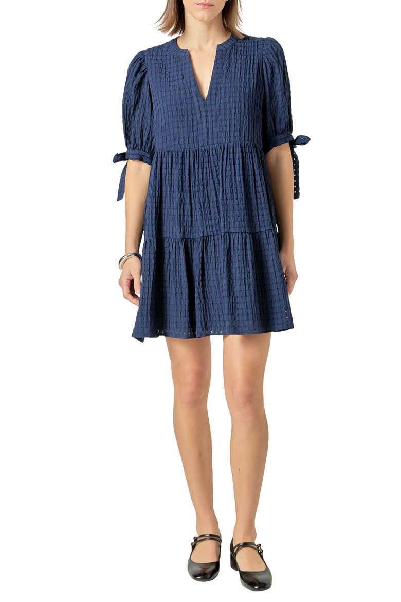 Texture Puff Sleeve Dress, Main, color, NAVY