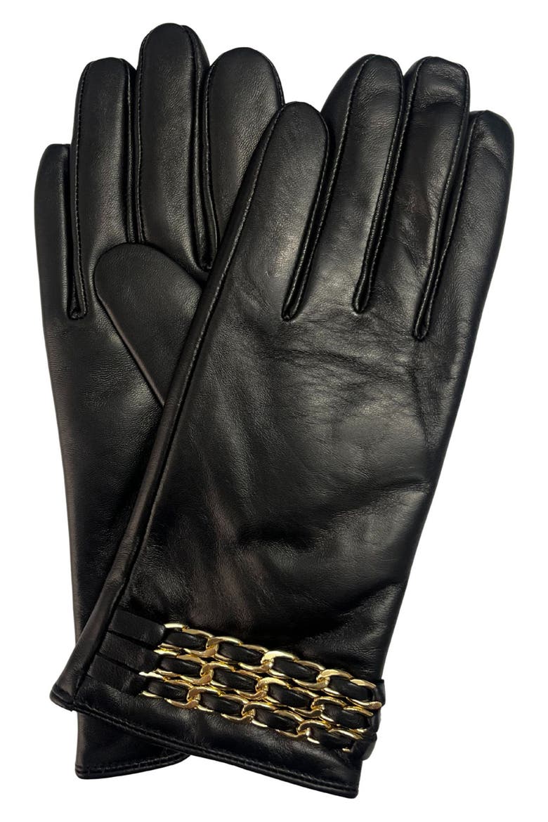 Chain Trim Leather Gloves, Main, color, BLACK
