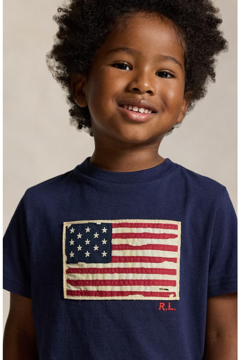 Kids' American Flag Appliqué Cotton T-Shirt, Alternate, color, CRUISE NAVY