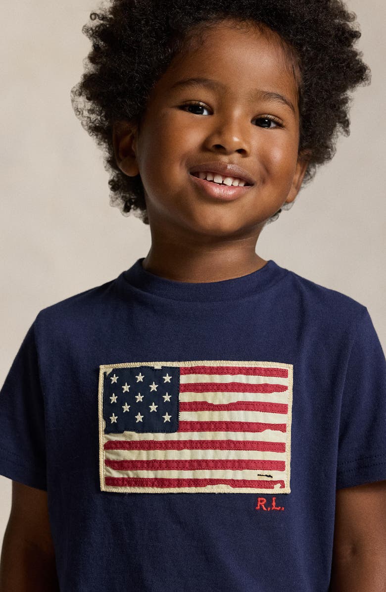 Polo Ralph Lauren Kids' American Flag Appliqué Cotton T-Shirt, Alternate, color, Cruise Navy