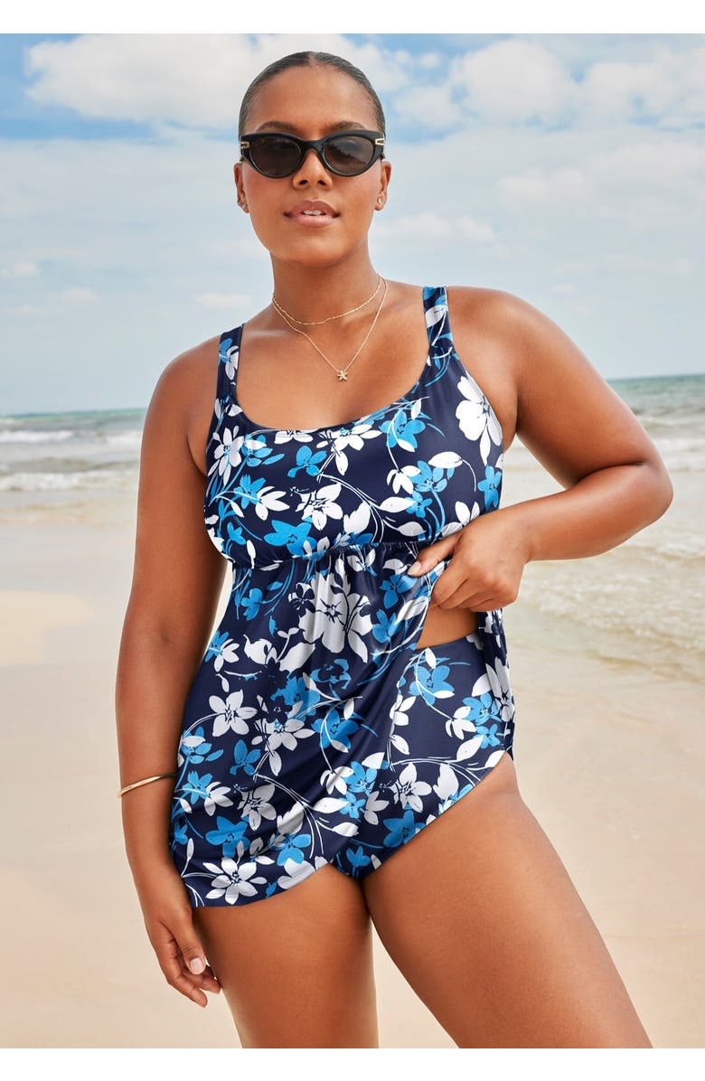 Swimsuits for All Flared Two-Piece Swimdress, Alternate, color, Tri Color Floral