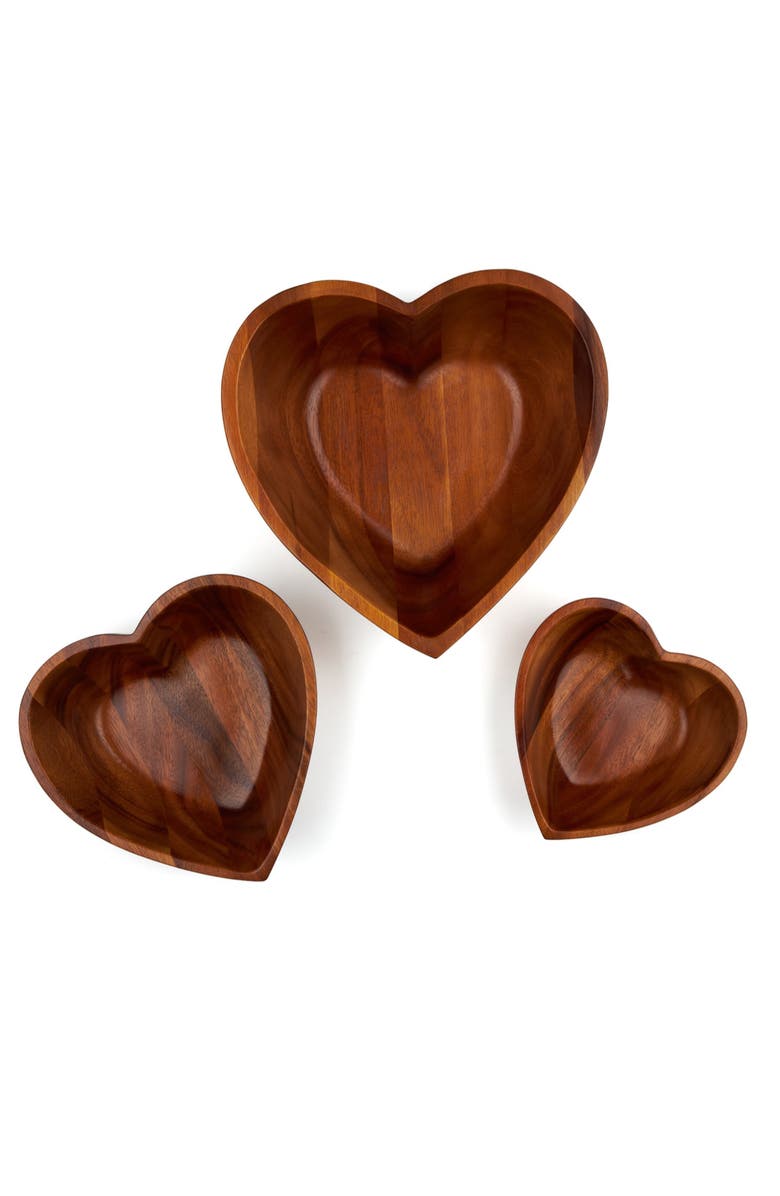 Nambé Eat Your Heart Set of Three Acacia Wood Nesting Bowls, Alternate, color, Brown