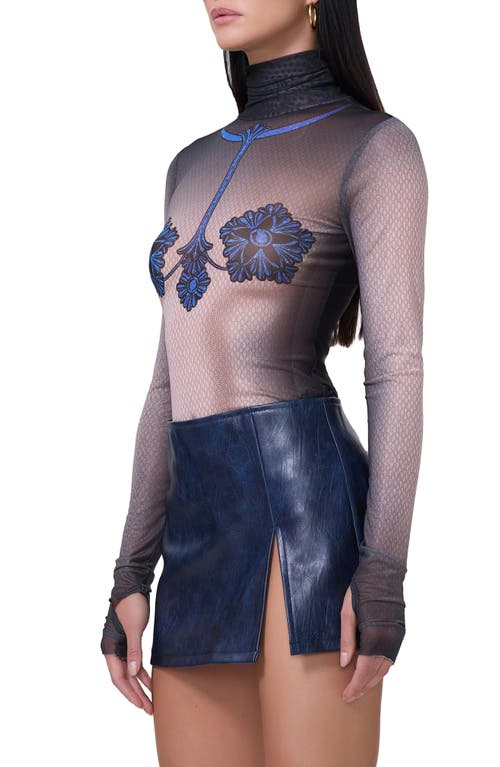 Afrm Zadie Print Mesh Turtleneck Top In Ornate Navy