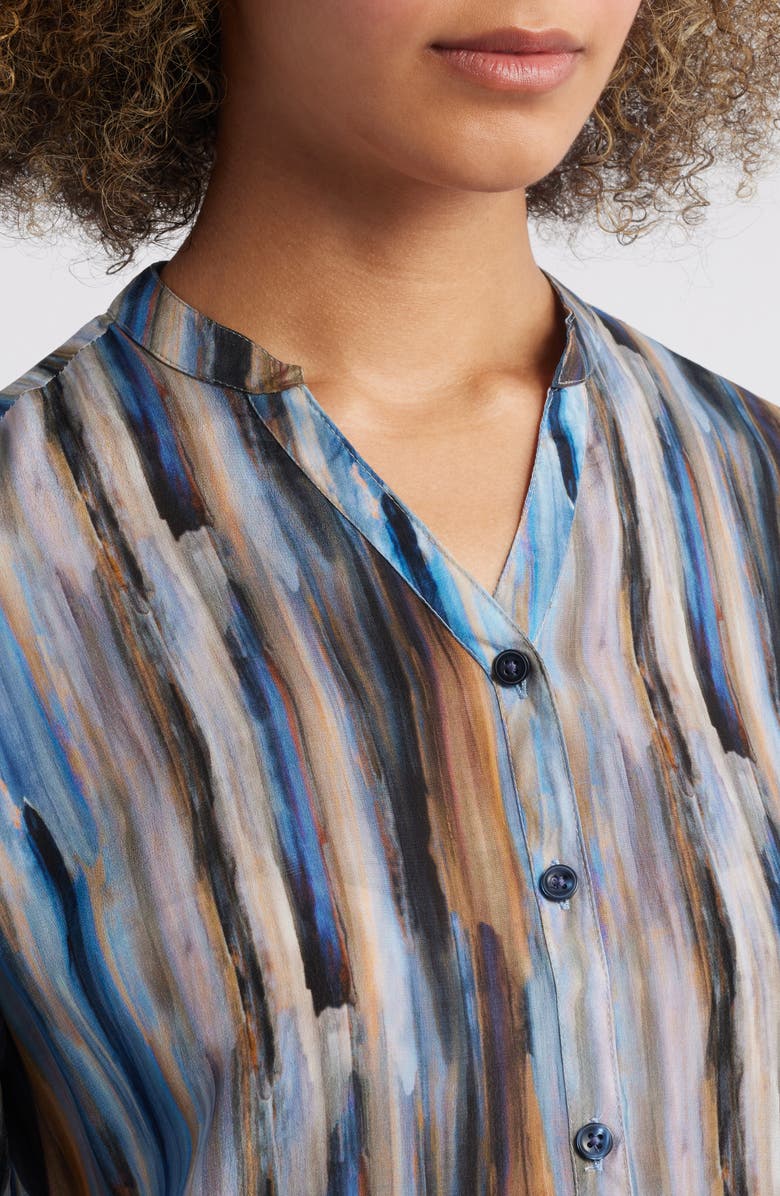 APNY Stripe Three Quarter Sleeve Cupro Blend Button-Up Shirt, Alternate, color, Light Blue Multi