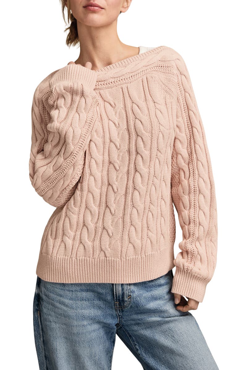 Lucky Brand Cable Stitch Boat Neck Cotton Sweater, Main, color, Rose Smoke