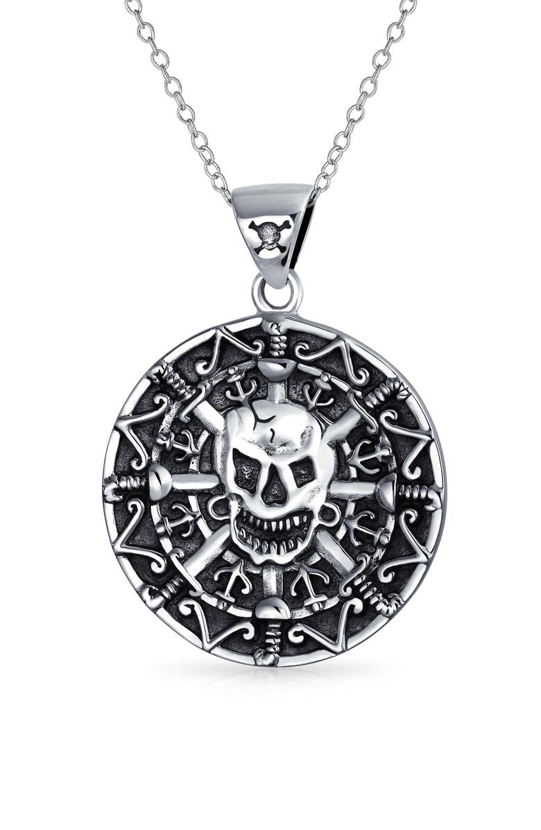 BLING JEWELRY Men's Skull Coin Pendant Necklace, Main, color, Silver