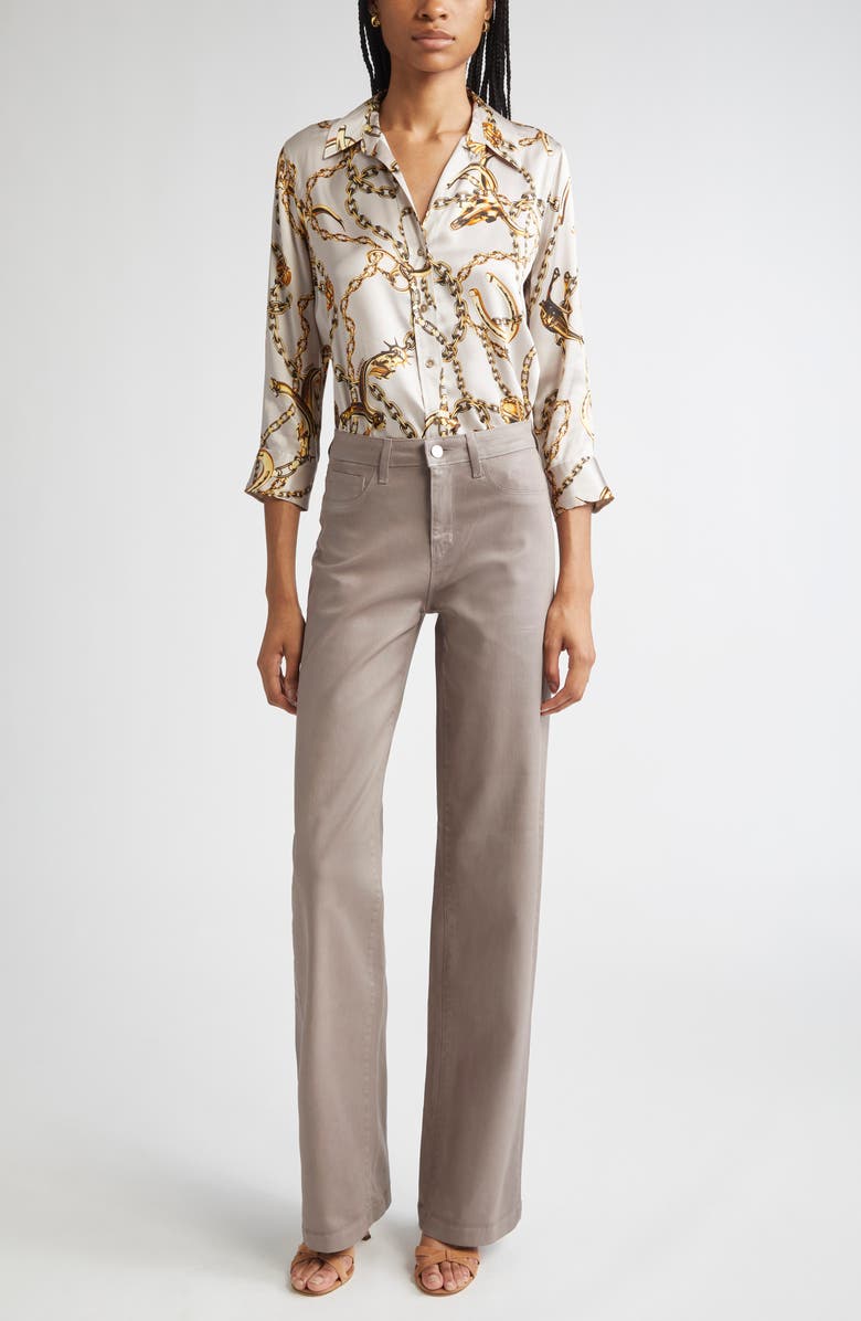L'AGENCE Dani Chain Print Silk Button-Up Shirt, Alternate, color, Smoke Grey/Gold Long Horn Chai