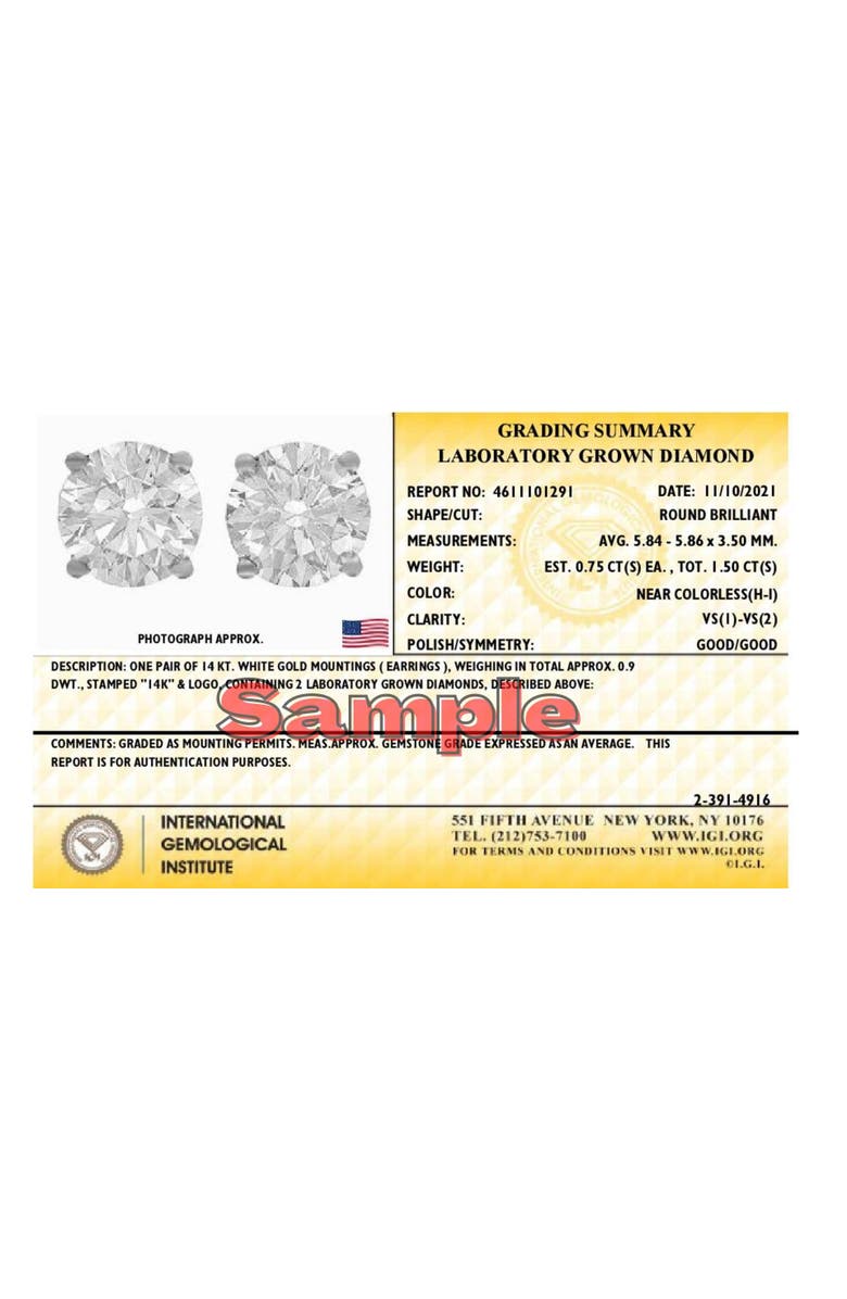 Haus of Brilliance IGI Certified 14K White Gold 1 1/2 Cttw Lab Grown Diamond Stud Earrings, Alternate, color, White