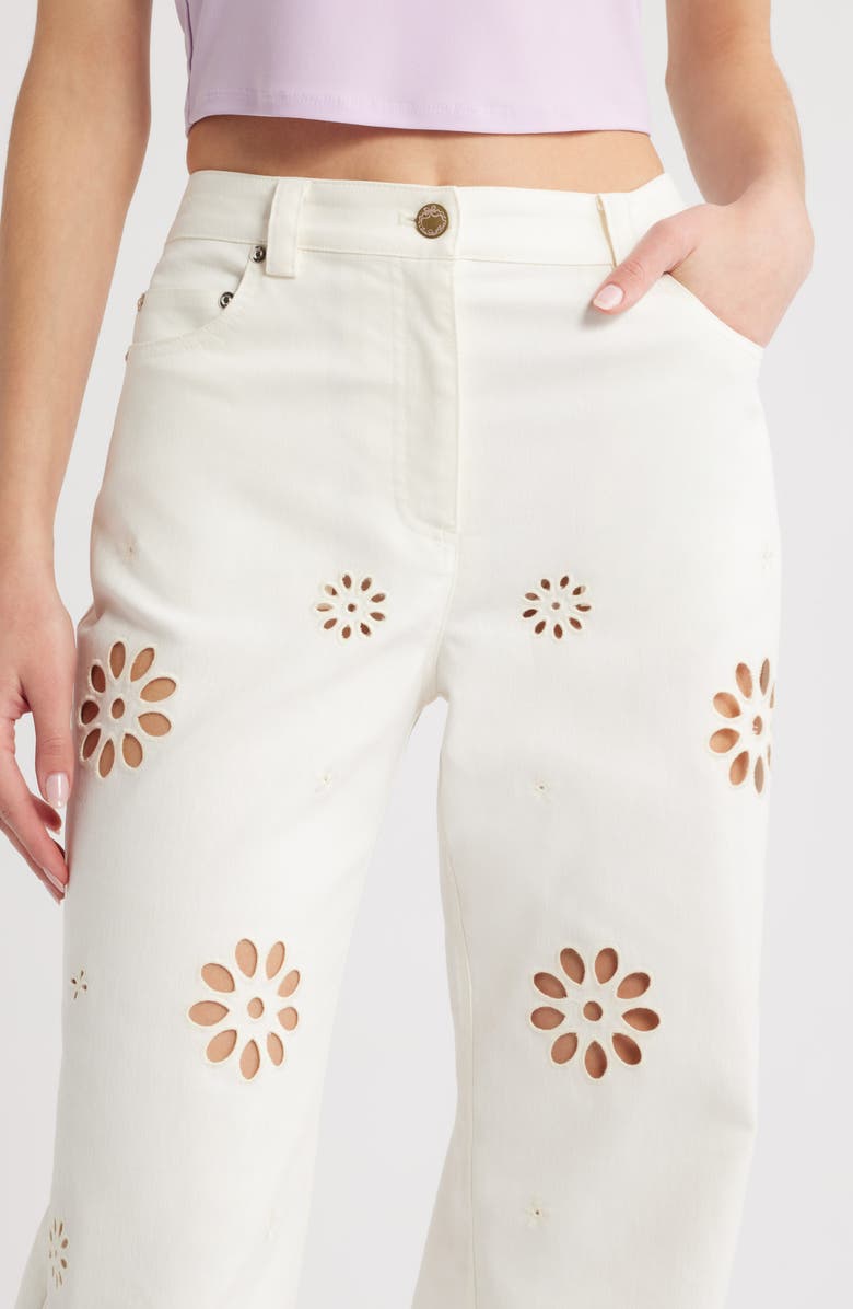 LoveShackFancy Carolette Eyelet Cutout Bootcut Jeans, Alternate, color, 