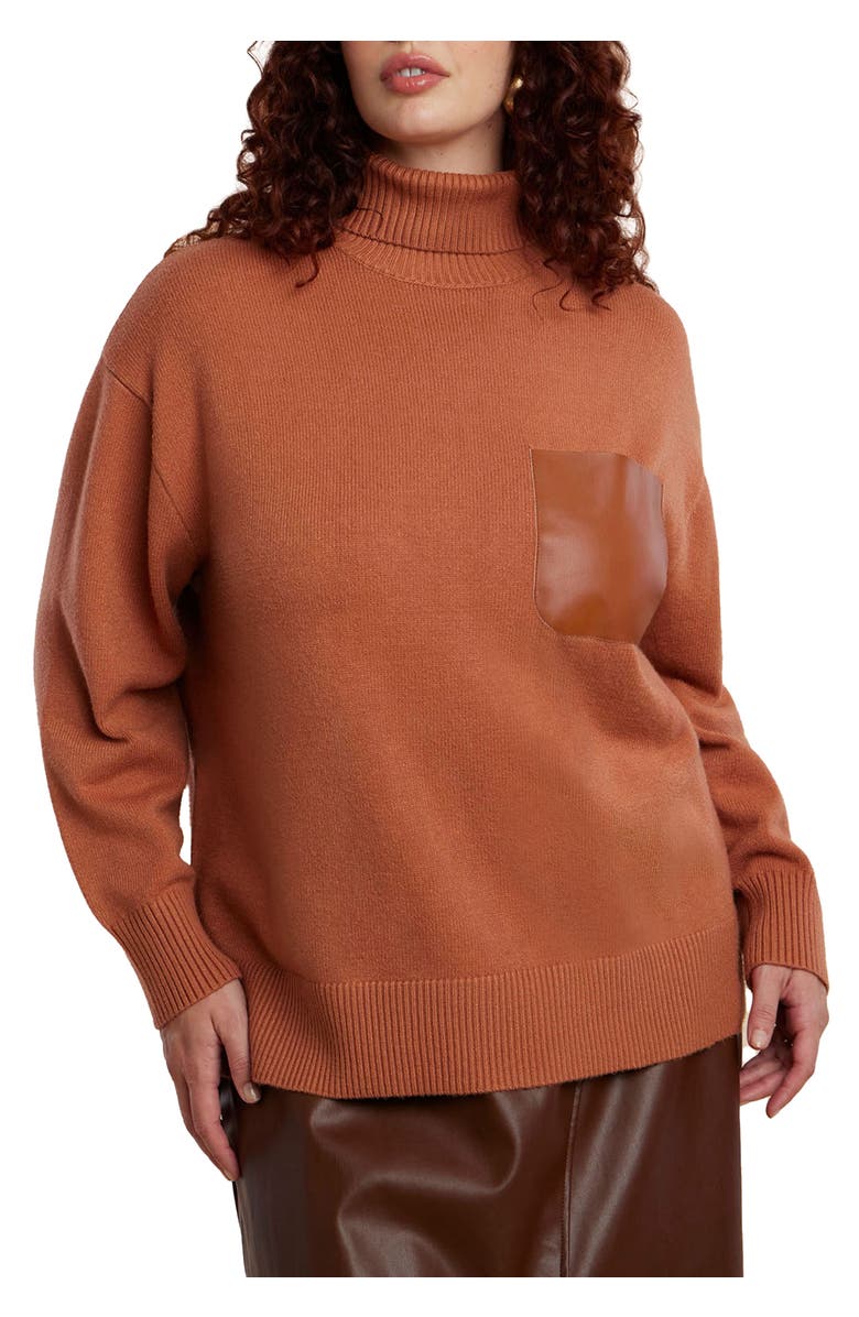 ELOQUII Faux Leather Pocket Turtleneck Sweater, Main, color, Roasted Pecan