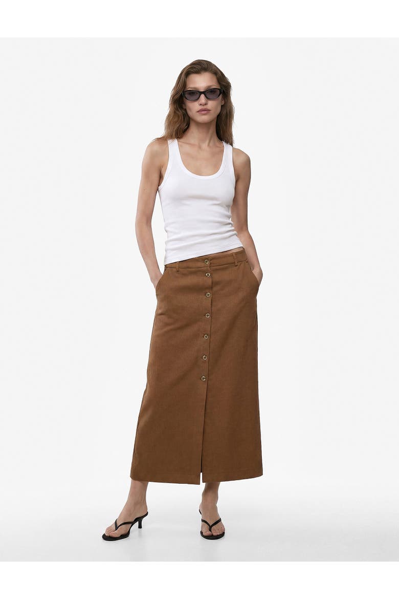 Button Down Midi Linen Skirt, Main, color, BROWN