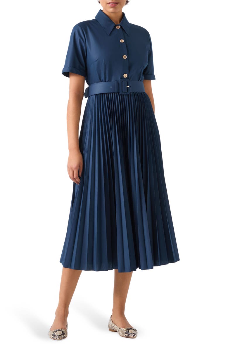 LK Bennett Cally Pleated Shirtdress, Main, color, Navy