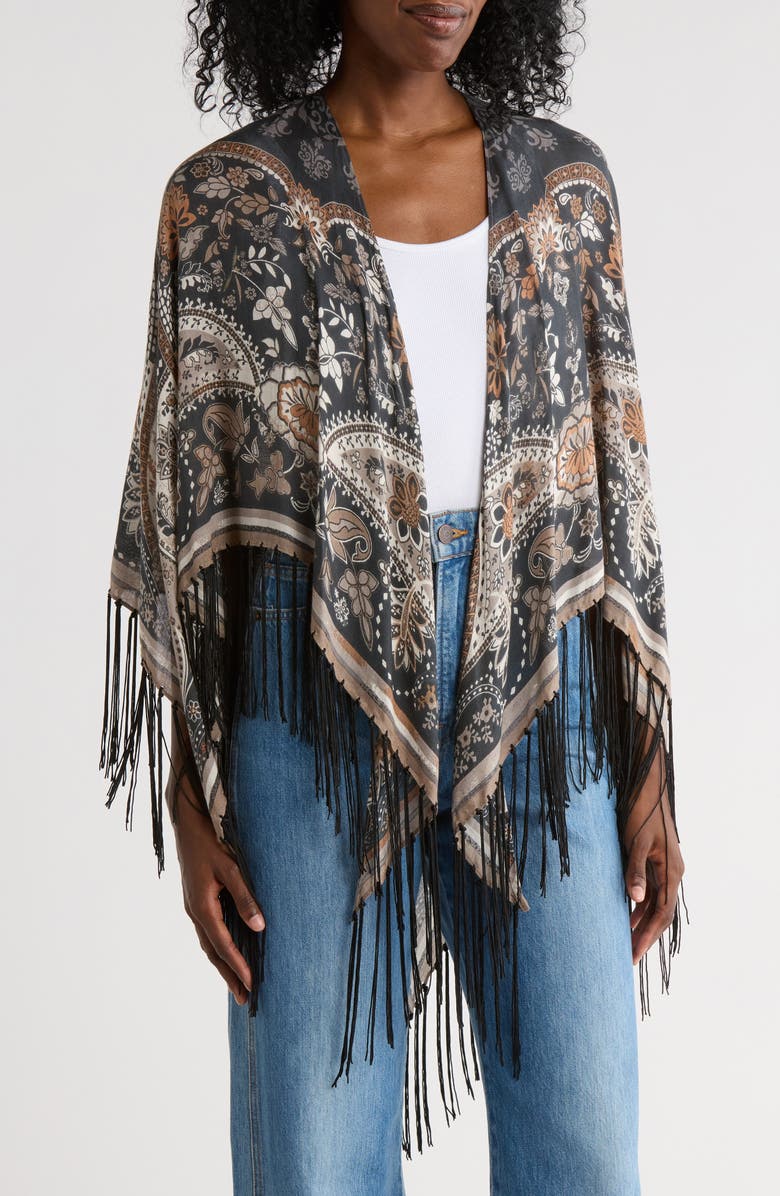 BCBG Floral Fringe Cape, Main, color, Black