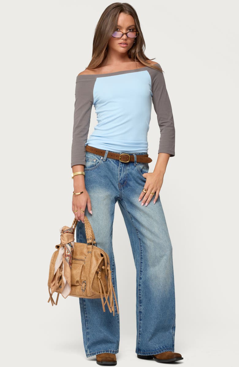 EDIKTED Keri Contrast Off the Shoulder Raglan Cotton Top, Alternate, color, Light-Blue