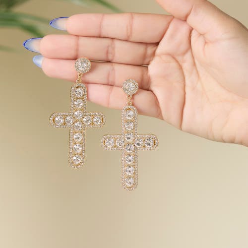 Jessica Simpson Crystal Cross Drop Earrings In Gold