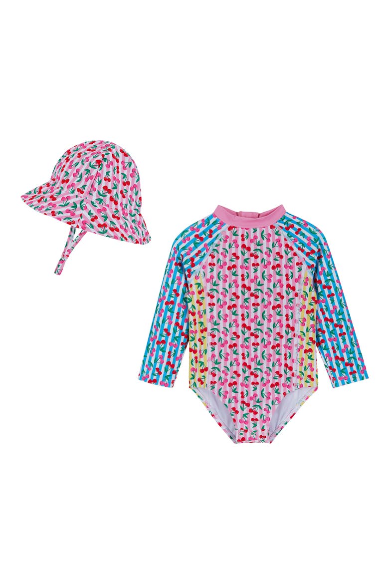 Cherry Stripe Long Sleeve One-Piece Rashguard Swimsuit & Sun Hat Set, Main, color, PINK CHERRY