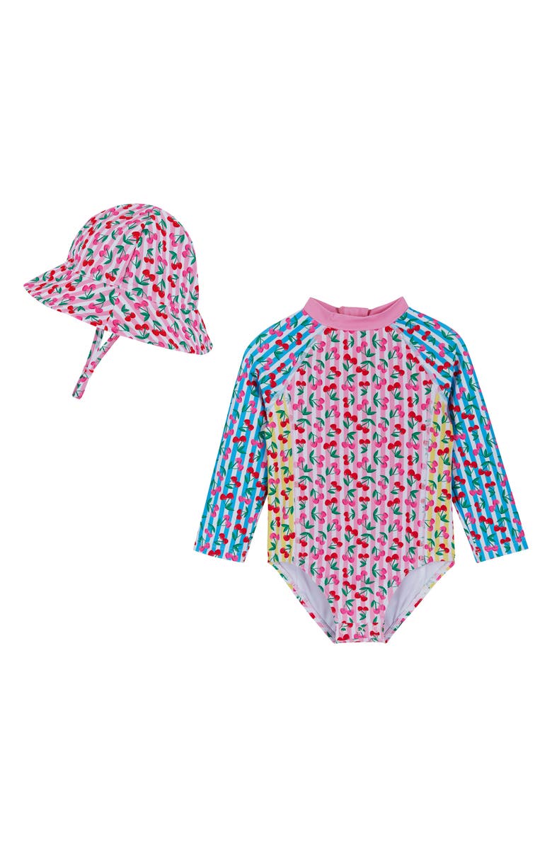 Andy & Evan Cherry Stripe Long Sleeve One-Piece Rashguard Swimsuit & Sun Hat Set, Main, color, Pink Cherry