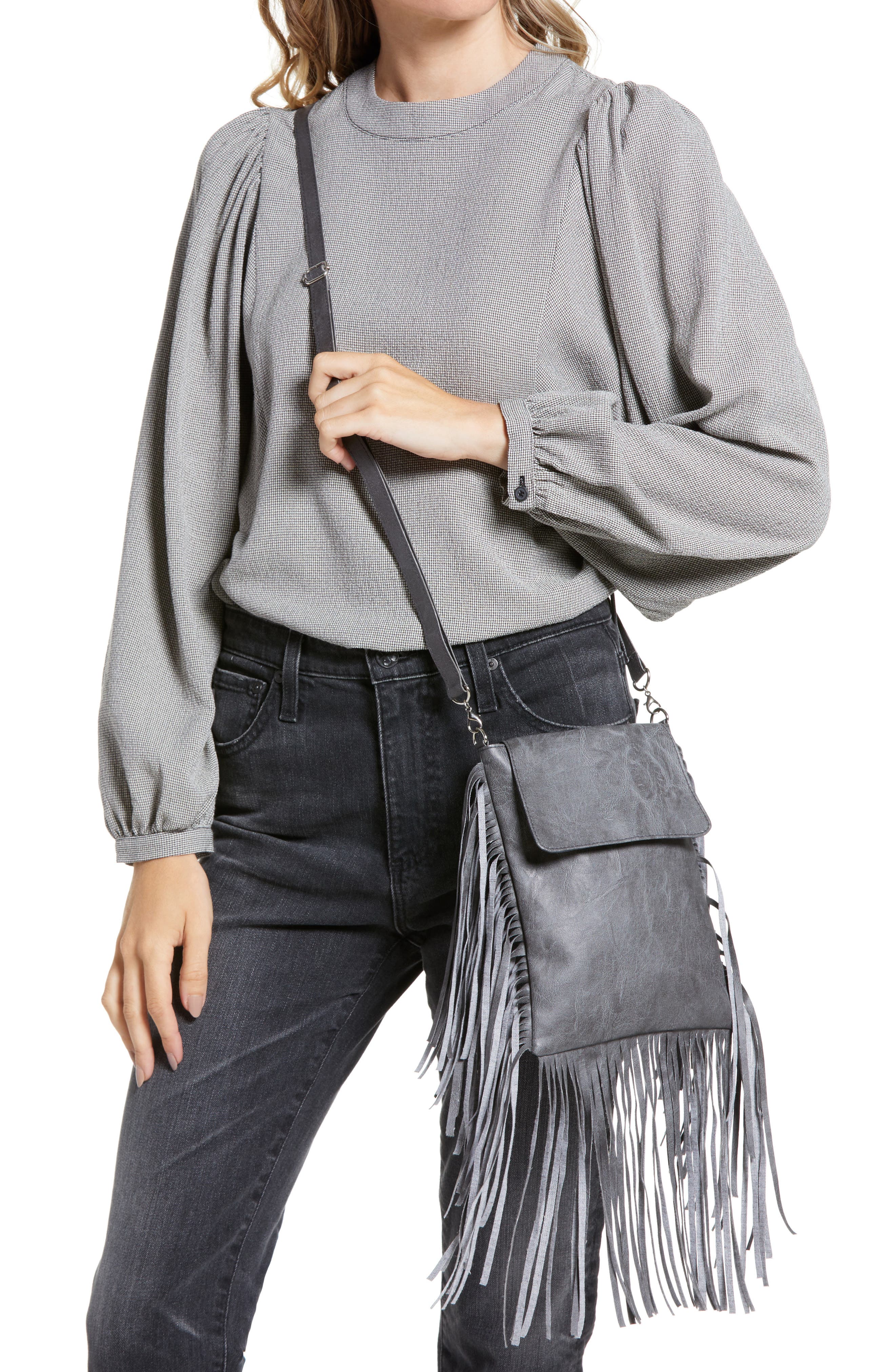 Fringe Faux Leather Crossbody Bag, Alternate, color, GREY