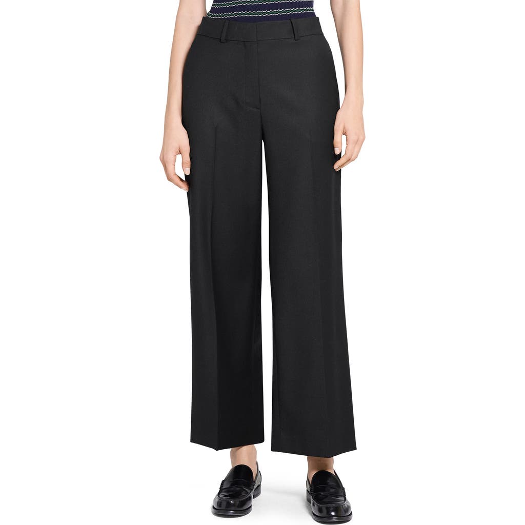 Theory Flat Front Virgin Wool Ankle Wide Leg Pants In Black