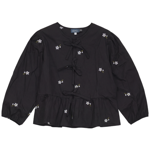 Embroidered Bow Puff Sleeve Cotton Blouse