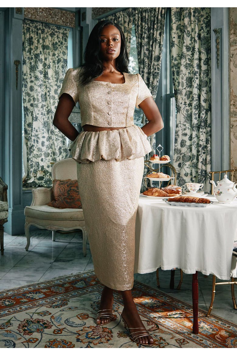 Metallic Skirt With Bubble Peplum, Alternate, color, CHAMPAGNE SILVER
