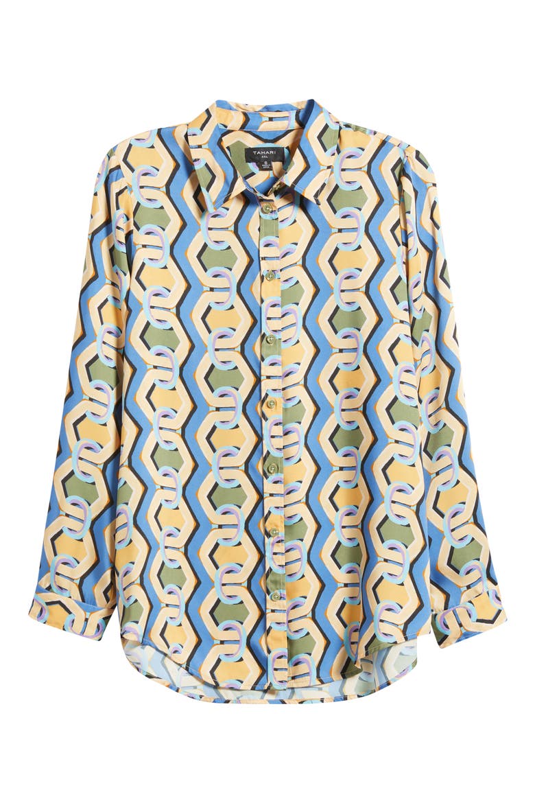 Geo Print Satin Button-Up Shirt, Alternate, color, BLUE CHAINS