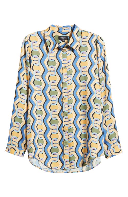 Tahari Asl Geo Print Satin Button-up Shirt In Blue Chains