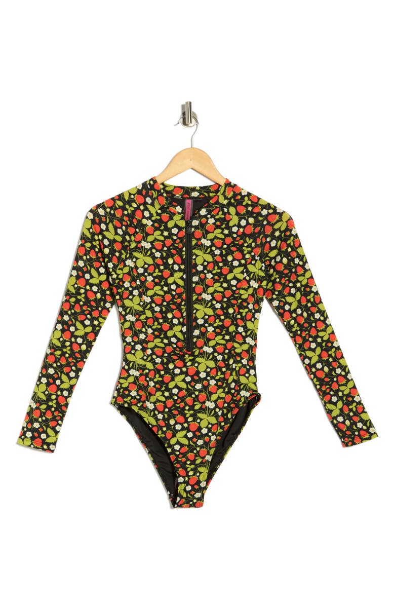 Betsey Johnson Long Sleeve One-Piece Scuba Zip Up Swimsuit, Main, color, Strawberry
