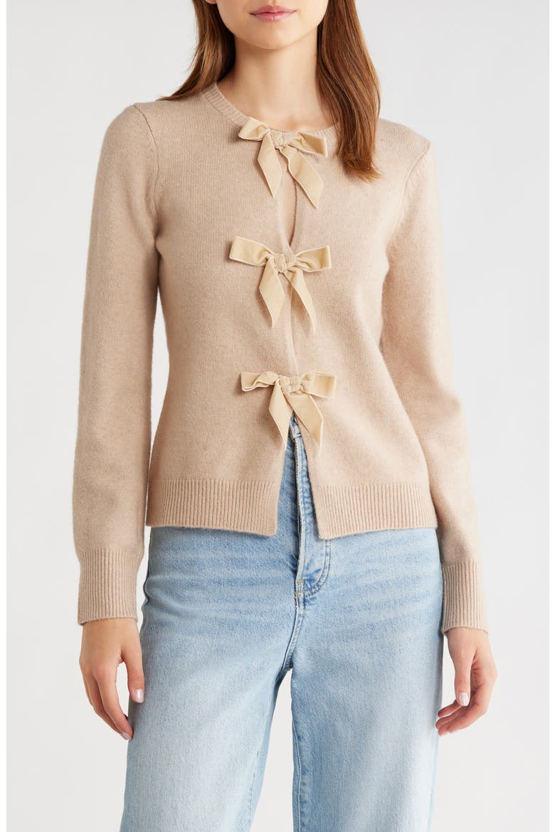 Kayla Velvet Bow Front Cardigan, Main, color, BEIGE