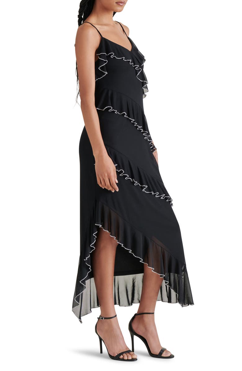 Steve Madden Aida Contrast Trim Ruffle Sleeveless Asymmetric Midi Dress, Alternate, color, 