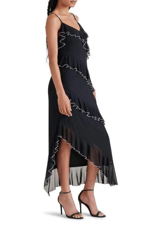 Steve Madden Aida Contrast Trim Ruffle Sleeveless Asymmetric Midi Dress In Black