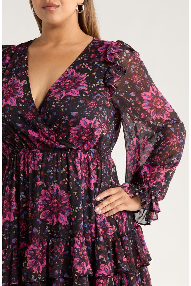 Tiered Ruffle Faux Wrap Maxi Dress, Alternate, color, BLACK-PINK PAINTERLY MEDALLION