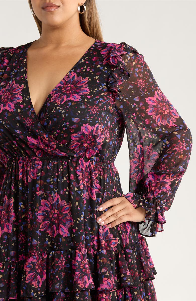 Treasure & Bond Tiered Ruffle Faux Wrap Maxi Dress, Alternate, color, Black-Pink Painterly Medallion