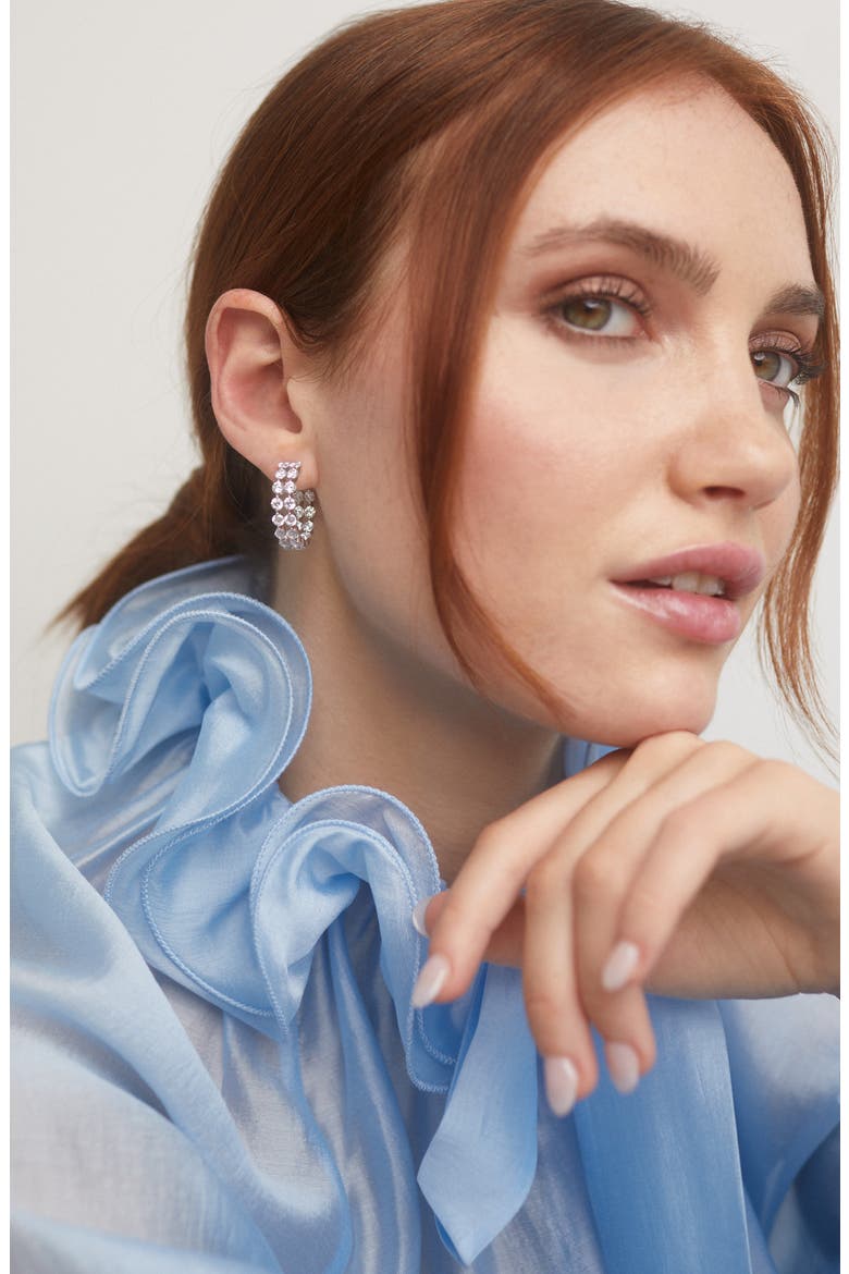 Cassi Cubic Zirconia Double Row Hoop Earrings, Alternate, color, RHODIUM