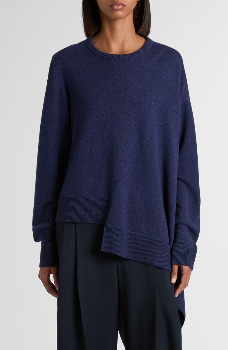 McQueen Asymmetrical Cashmere & Wool Crewneck Sweater, Main, color, After Blue