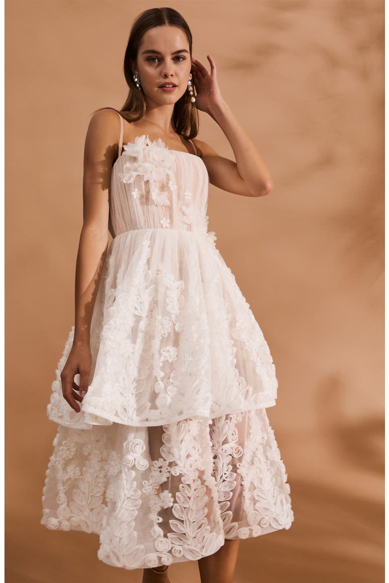 Juliette Floral Appliqué Tiered Cocktail Midi Dress, Alternate, color, OFF WHITE/ NUDE