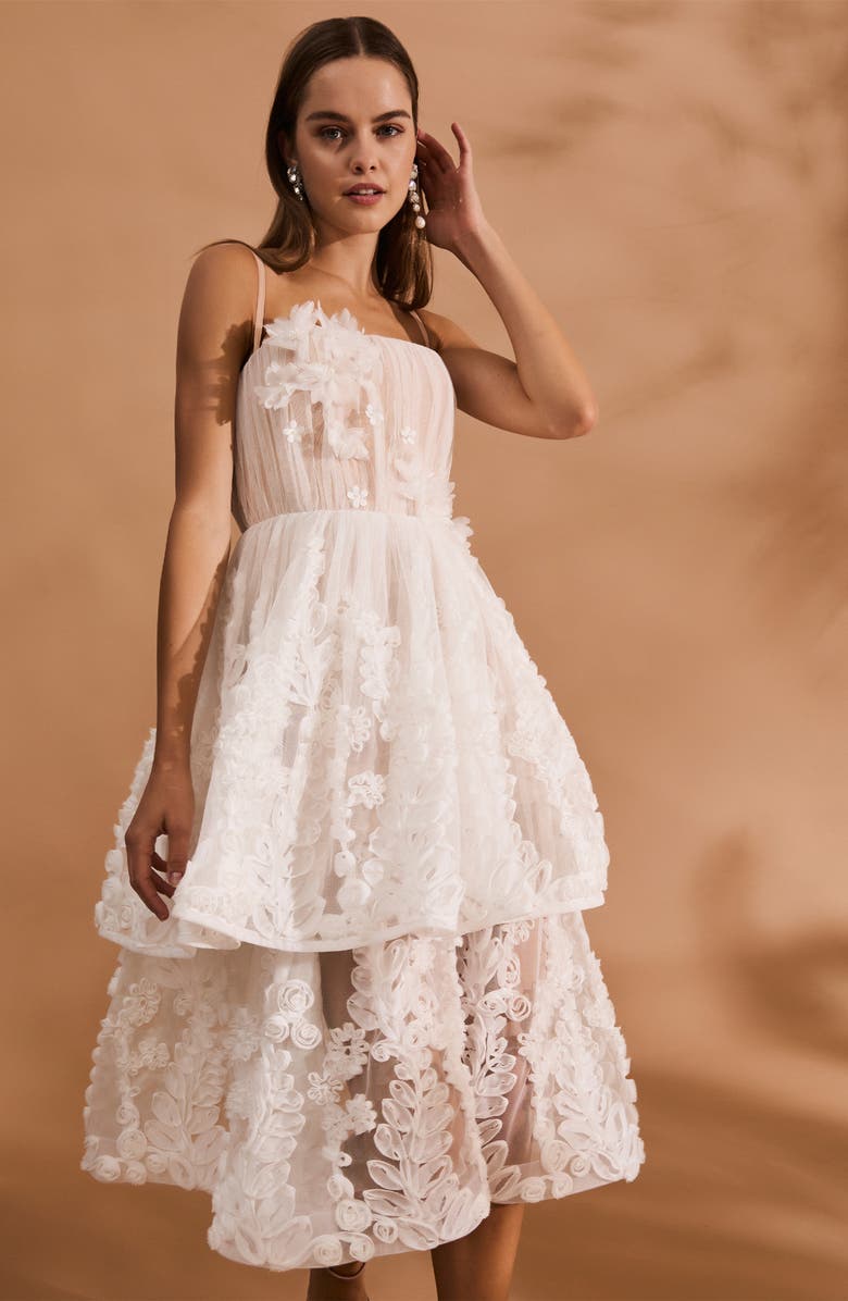 HELSI Juliette Floral Appliqué Tiered Cocktail Midi Dress, Alternate, color, Off White/ Nude